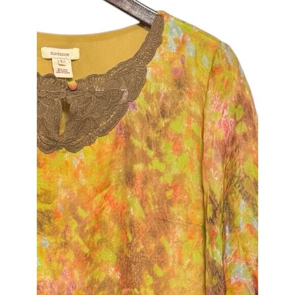 SUNDANCE GOLDEN YELLOW FLOWY FLORAL SILK TOP SIZE L BOHO CLASSY COLORFUL FALL - Picture 6 of 7